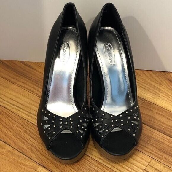 NEW black vegan leather platform peeptoe heels 5.5 Mandee cutout - Picture 6 of 12